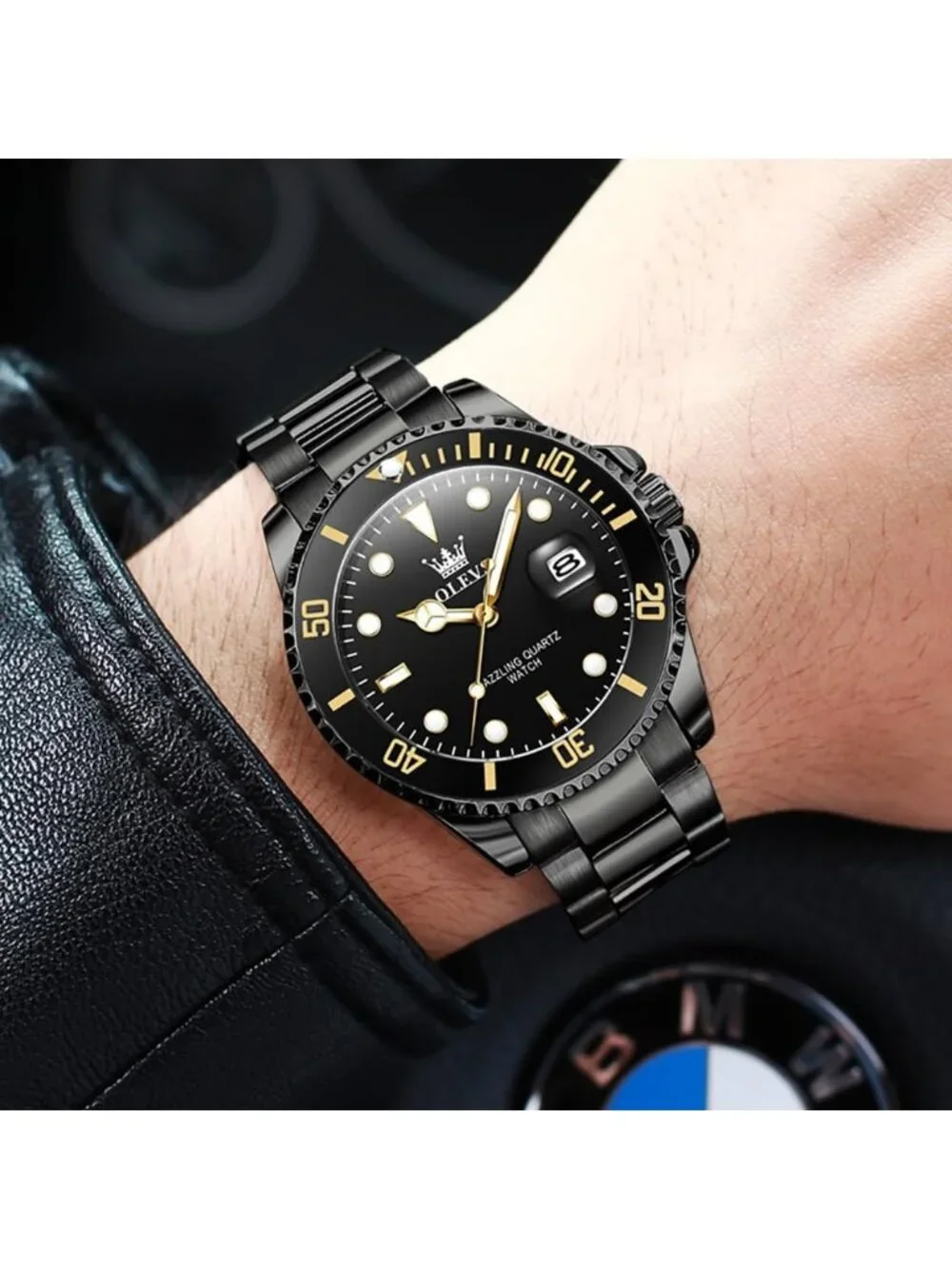 Men's Black Luxury Stainless Steel Waterproof Quartz Big Face Fashion Wristwatch
